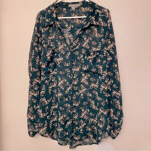 Peace and Pearl dark green micro floral semi sheer button up blouse top plus XXL